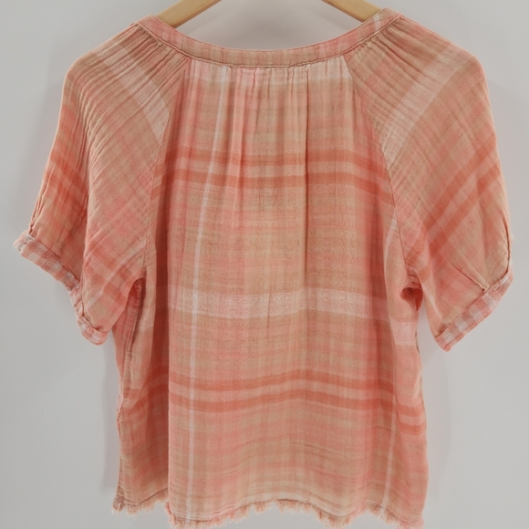 Chelsea & Theodore Peachy Pink Plaid Gauze Like Short Sleeve Womens Size XSmall - Picture 2 of 12